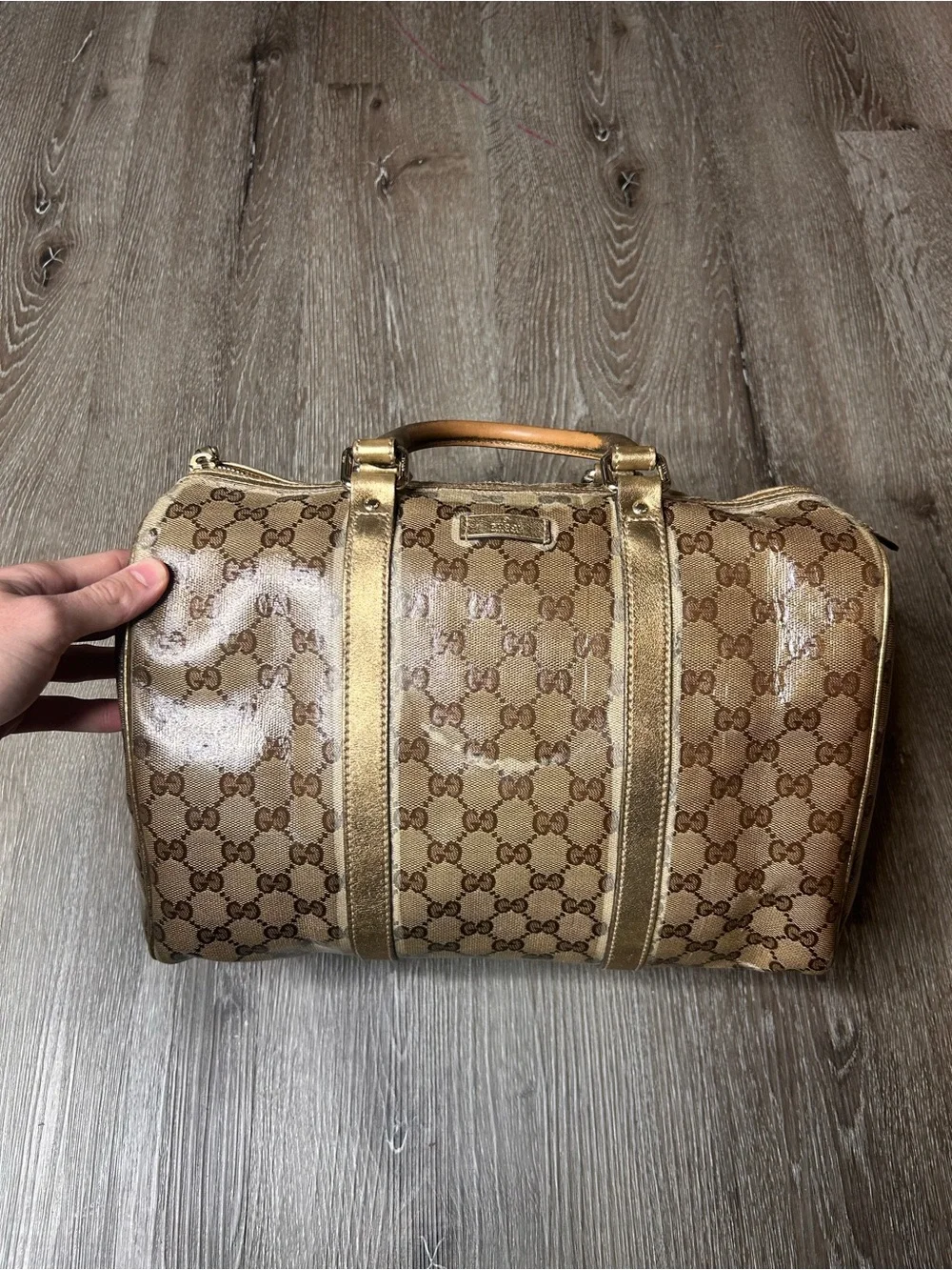 Gucci Crystal Top Handle Brown Beige GG Monogram Satchel with Gold Trim